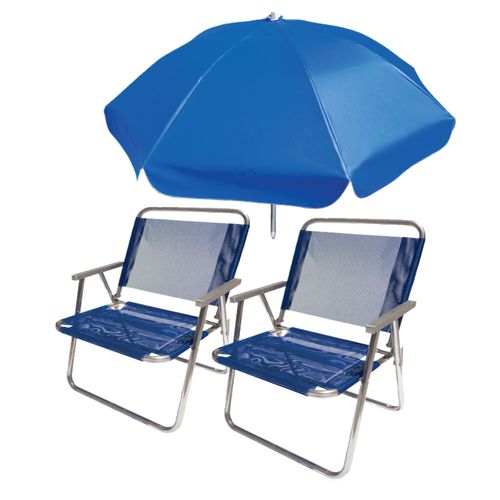 Combo Sombrilla 2 Mt + 2 Reposeras Única Posición Azules