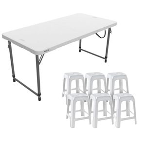 Combo Mesa Plegable Blanca + 6 Banquetas Plásticas