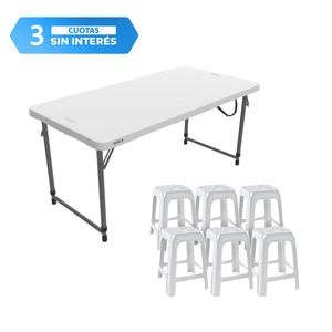 Combo Mesa Plegable Blanca + 6 Banquetas Plásticas