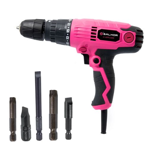 Combo Taladro Atornillador Percutor Rosa 10 Mm 300W + 5 Puntas 1/4