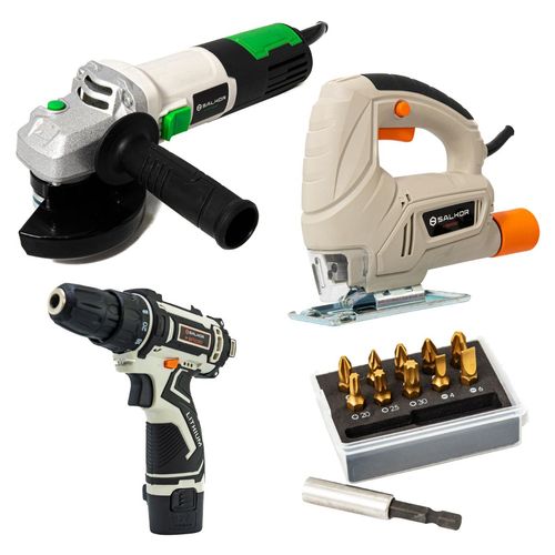 Combo Amoladora 115 + Caladora + Atornillador + Puntas