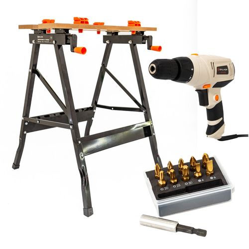 Combo Taladro Atornillador + banco De Trabajo + Set Puntas