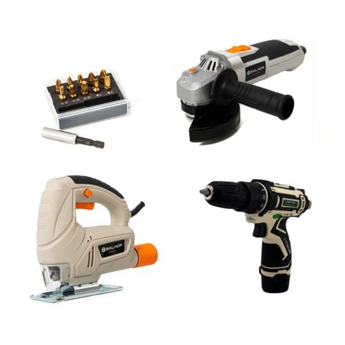 Combo Caladora + Amoladora + Atornillador 12V + Set De Puntas.