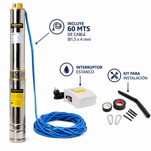 Bomba Sumergible Pozo 750W 1HP 58m Con Cable y Interruptor